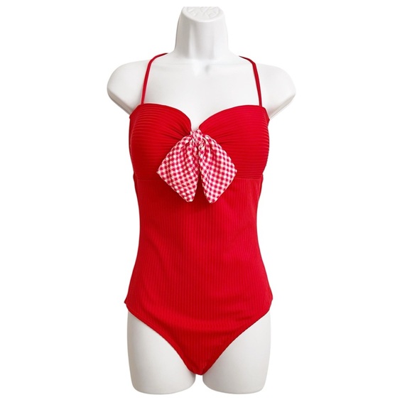 Matilda Jane Poolside Party Red One-Piece Swimsuit with Checkered Bow Medium - Picture 2 of 7